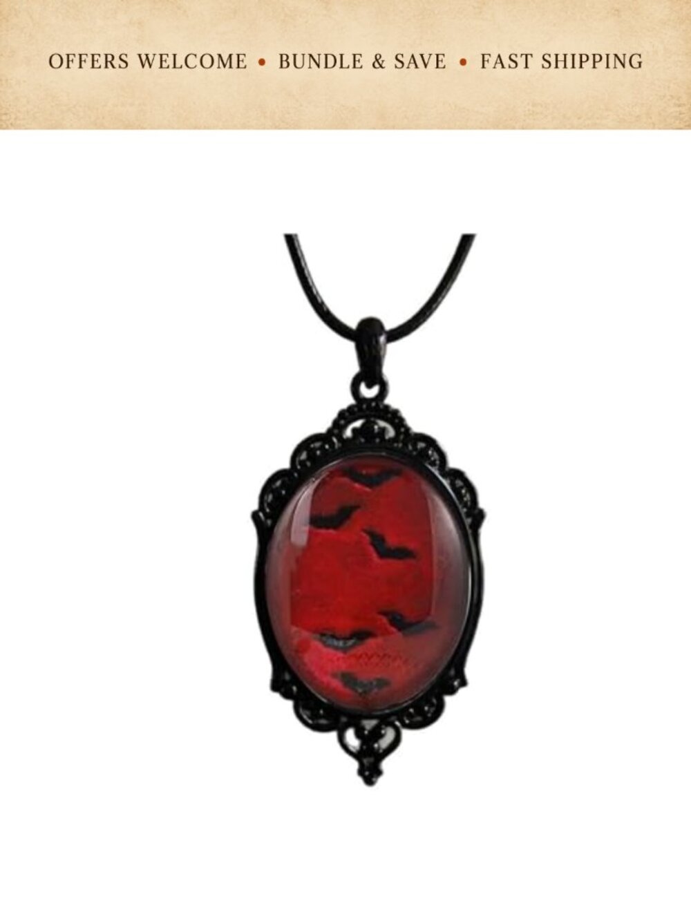 Goth Witch Cameo Necklace Glass Pendant Raven Bat Cosplay